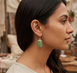 Pendientes Colgantes de Turquesa Verde Cobre, Plata 925, Chapados en Oro Rosa y Oro Amarillo, Joyería Rectangular Boho Hecha a Mano para Mujer - Product Image 2