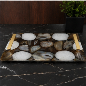 Rectangular Stone <b>Storage</b> Tray With Gold Handles Modern Design Living Room <b>Tabletop</b> Accessory - Product Image 3