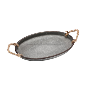 Plateau ovale élégant en métal galvanisé avec poignée en corde Pièce maîtresse décorative parfaite pour les tables basses, les mariages et les fêtes - Product Image 2