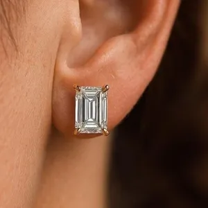 IGI 4.00Ct <b>Emerald</b>-Cut Lab Grown Diamond Solitaire <b>Stud</b> Earing 14k Yellow Gold - Product Image 3