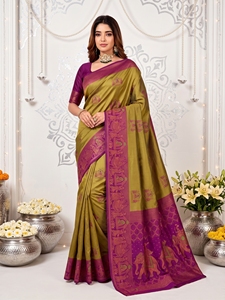 AARA Fashion Green and <b>Purple</b> Silk <b>Saree</b> with Zari Border Traditional Wedding Wear for Women Sun Protection All Seasons - Product Image 3