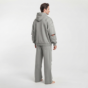 Custom Logo Men Cotton Fleece Tracksuit Set Distressed <b>Full</b> <b>Zip</b> <b>Hoodie</b> Drop Shoulder Relaxed Fit Joggers Pants - Product Image 2