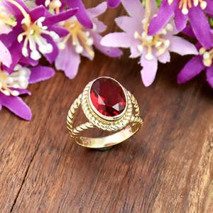 Bague fine en argent sterling 925 plaqué or 18 carats avec pierre précieuse rubis rouge, style vintage bohème, bijoux raffinés pour elle - Product Image 4