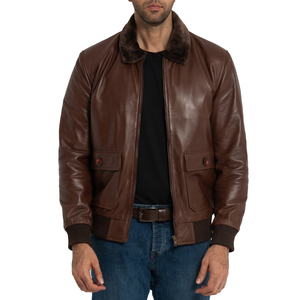 Men's Brown Genuine Leather Bomber Jacket Stand Zipper Closure Waterproof Winter Windproof Front Moto Biker Style Factory Price - Product Image 5