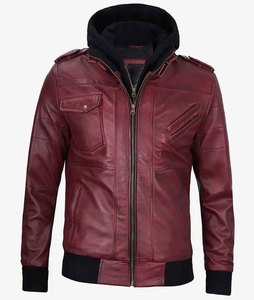 Custom Men Maroon Leather Hooded <b>Jacket</b> <b>Fleece</b> <b>Lined</b> Biker <b>Jacket</b> Multi Pocket Casual Winter Streetwear Style For Unisex - Product Image 5