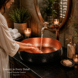 Handcrafted Dual Tone Hammered Copper Vessel Wash <b>Basin</b> <b>Round</b> Luxury Countertop Bathroom Sink Designer <b>Basin</b> for Home Hotel - Product Image 2