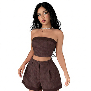 Custom Logo Y2K Style Women's Two-Piece Fleece Set Strapless Tube Crop Top <b>High</b>-Waist Shorts Polyester/Cotton Breathable Summer - Product Image 2