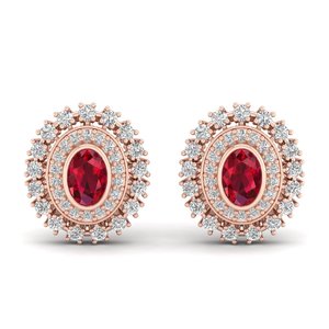 Boucles d'oreilles clous REYES en or massif 14 carats avec moissanite taille ovale 1 carat et rubis, cadeau de fiançailles, bijoux - Product Image 2
