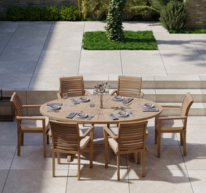 ชุดโต๊ะรับประทานอาหารกลางแจ้งทรงกลมไม้สักแท้ 6 ที่นั่ง พร้อมเก้าอี้มีที่วางแขน  ตกแต่งแบบธรรมชาติ เฟอร์นิเจอร์หรูหราสำหรับสวนและลานบ้านสำหรับวิลล่า - Product Image 1