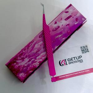 GETUP BROSONS Hot Pink 45 Degree Stainless Steel Eyelash Tweezers Precision Tool <b>Box</b> Packaging - Product Image 2
