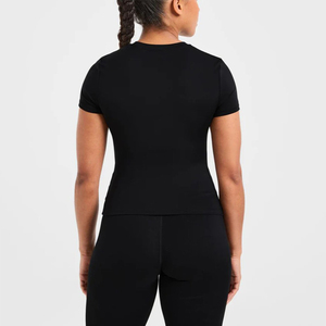 T-shirt en tricot noir à manches courtes pour femme, de qualité supérieure, couleur unie, coupe ajustée, respirant, léger, décontracté, toutes saisons - Product Image 3