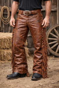 Pantalon Western en Cuir Léger et Respirant pour Homme, Taille Haute, Coupe Droite, Style Vintage, Fermeture Boutonnée, Poches Décoratives - Product Image 2