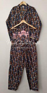 Conjunto de Pijama de 2 Piezas para Mujer, Hecho a Mano, de Algodón Puro, con Estampado de Leopardo Azul, Transpirable, Ecológico, de Manga Larga y Cuello Camisero - Product Image 5