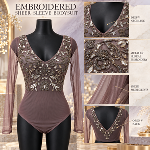 Mauve Embroidered Mesh <b>Sleeve</b> Bodysuit with Deep V Neckline | Floral Beaded Evening <b>Top</b> with <b>Sheer</b> <b>Long</b> <b>Sleeves</b> and Open V Back - Product Image 5