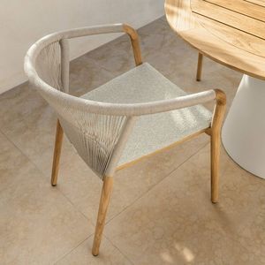 Modern <b>Round</b> Wooden <b>Dining</b> <b>Table</b> With <b>4</b> Woven Chairs Coastal Style Outdoor Furniture <b>For</b> Villa Patio Seating <b>Set</b> - Product Image 2