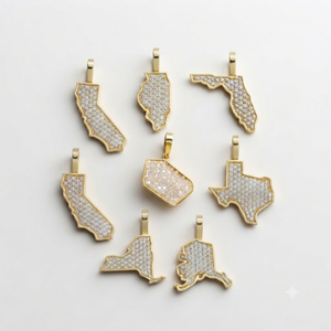 Colgantes y Dijes de Joyería Fina de Oro Sólido de 10K con Diamante Natural, Estilo Hip Hop Moderno, Minimalista y Personalizado, con Mapa de Estado a Elección - Product Image 1