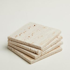 Honed Beige Travertine Square Stone <b>Coaster</b> Set | Premium Cream Limestone Coffee <b>Table</b> & Executive Desk Accessory - Product Image 2