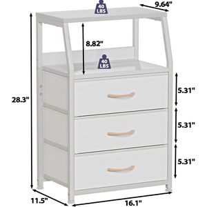 Small White Nightstand with 3 Drawers and 2-Tier Shelf End Table <b>Side</b> Furniture - Product Image 3