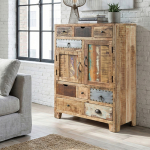 Grand meuble de rangement de style industriel antique en bois de récupération avec tiroirs et étagères réglables en bois de manguier massif, mobilier écologique - Product Image 1