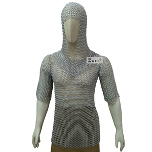 Harnais de chevalier en maille d'aluminium avec capuche coiffure, demi-manches à anneaux boutonnés, pour adulte, idéal pour reconstitution historique et costume de foire - Product Image 1
