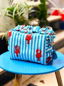 Striped Blue White Embroidered Crab Print Eco-Friendly Cotton Cosmetic Bag Medium Size Zipper Closure Portable <b>Makeup</b> <b>Case</b> - Product Image 3