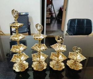 Premium Brass Diya Stand Pair with Decorative Back Pattern, Multi Wick Oil <b>Lamp</b> for Temple Decor, Puja and Festive Lighting - Product Image 2