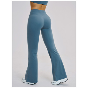 Wholesale <b>Bootcut</b> Activewear <b>Pants</b> Flared Hem <b>Yoga</b> Trousers Ribbed Knit Lounge Activewear Custom Apparel Supplier Private Label - Product Image 1