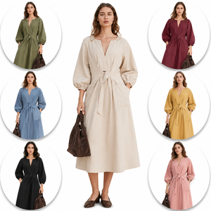 Robe Bohème Minimaliste en Coton avec Ceinture – Élégante Robe Longue Unie à Manches Courtes Respirante Coupe Trapèze pour Femme - Product Image 5