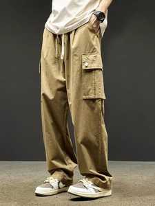 Custom Men's Tactical Loose <b>Cargo</b> <b>Pants</b> <b>Elastic</b> <b>Waist</b> Drawstring Multiple Pockets Casual Canvas Trousers Breathable Spring Style - Product Image 1