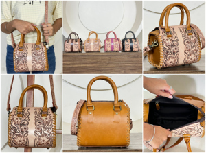 New Western Fashionable Handcrafted Genuine Cow Leather Speedy Bag Floral Pattern Shoulder Weekender Cowgirl Satchel Duffel Bag - Product Image 3