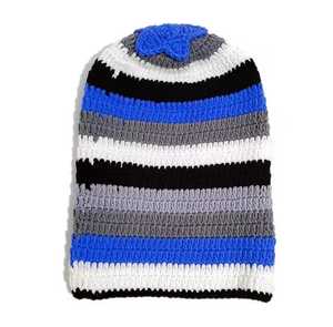 Striped Hand Knitted Beanie <b>Hat</b> for Adults Unisex Winter Casual Blue Gray Black <b>White</b> Acrylic 56-58CM - Product Image 1