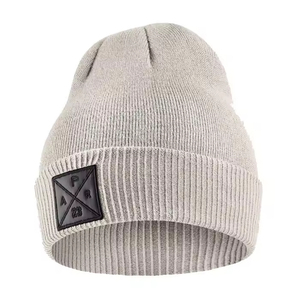 Custom Fashion Acrylic Cuffed Breathable <b>Waterproof</b> Unisex Winter Beach <b>Beanie</b> with 3D Embroidery Leather Patch - Product Image 5