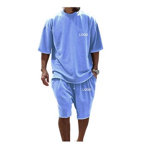 สินค้ามาใหม่ ชุดเซ็ตเสื้อยืดแขนสั้นและกางเกงขาสั้นลำลองสำหรับผู้ชาย ผ้าเทอร์รี่ 100% คอตตอน สีพื้น ชุด 2 ชิ้น - Product Image 5