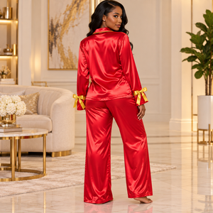 Ensemble de pyjama en satin pour femmes NSPDK, manches longues, boutonné, brodé, deux pièces, rouge avec bordure dorée, ensemble de pyjama lounge - Product Image 4