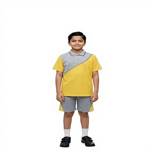 Uniforme Escolar para Niños de Primaria, Conjunto de Camiseta Polo y Pantalones Cortos de Algodón de Alta Calidad con Logotipo Personalizado, Diseño de Bloques de Color Amarillo y Gris - Product Image 1