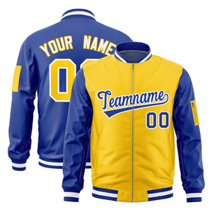 Custom Gold Royal Blue Winter Sporty Heated Windproof Varsity Bomber Jacket for Men Front Logo <b>Covered</b> <b>Button</b> Two-Tone Design - Product Image 2