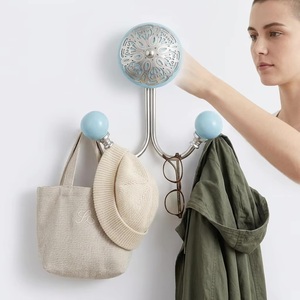 Modern <b>Wall</b> Mounted Coat Hook with Floral Design and Turquoise Ceramic Knobs 2 Hooks Metal Hooks for Clothing Storage - Product Image 3