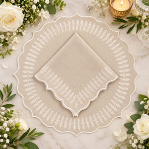 Beige White Botanical Embroidered Linen Placemat Napkin Set Elegant Scalloped Round Table Mat Decor for Dining & Holidays - Product Image 1