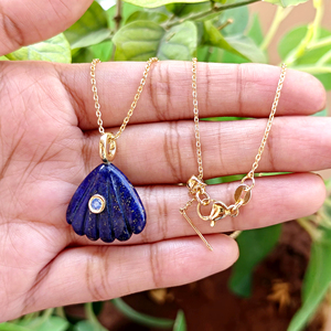Natural stone lapis lazuli hand caved scallop shell pendant <b>with</b> tiny blue zirconia inlaid gold plated women jewelry necklace - Product Image 4