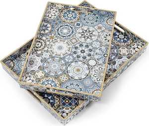 Plateau de service rectangulaire multifonctionnel marocain fait main, style ferme moderne, avec incrustation de os bleu, motif floral géométrique, Ramadan - Product Image 4