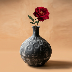 Jarrón de flores oscuro con textura rugosa hecho a mano, con un acabado negro rústico y detalles plateados desgastados para una decoración elegante del hogar. - Product Image 2