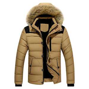 Chaqueta acolchada con capucha y forro de piel para hombre, color beige marrón, con cierre de cremallera - Product Image 1