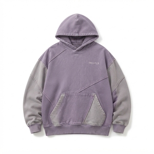 Sweat à capuche oversize pour homme OneApex, couleur violet-gris, blocs de couleurs, manches raglan, poche patchwork, style automne - Product Image 1