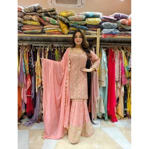 Heavy Embroidery Work Party Wear Salwar Kameez <b>Top</b>-Plazzo and Dupatta in XL Size Made of Polyester - Product Image 5