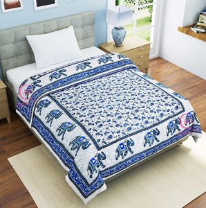 400 TC Pure Cotton Traditional Jaipuri Elephant Print Design Lightweight <b>Single</b> Bed <b>Quilt</b>/Razai/Rajai 85x55 Inches All-Season - Product Image 1