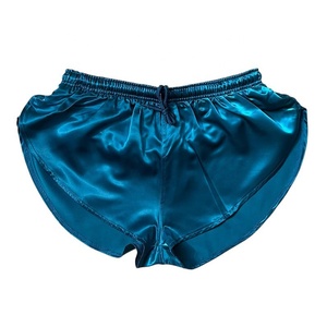Shorts en satin de soie vert sarcelle pour homme, couleur unie, taille élastique avec cordon de serrage, décontractés, longueur courte, tissu respirant - Product Image 1