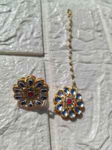 Ensemble de bagues assorties style Kundan du Rajasthan avec Tikka, bijoux festifs indiens pour mariage, Mayun Dholki et Nikah, pour filles - Product Image 4