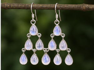 Rainbow Moonstone Chandelier <b>Earrings</b>, Pear Cut Moonstone <b>Dangle</b> <b>Earrings</b>, <b>Sterling</b> <b>Silver</b> Multi Drop <b>Earrings</b>, Boho Bridal - Product Image 2