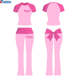 Conjunto de Verano de 2 Piezas para Mujer con Logotipo Personalizado, Diseño de Lazo, Manga Corta, Cintura Plegable y Pantalones Acampanados, en Algodón Ecológico - Product Image 2