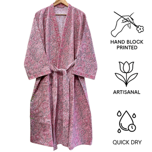 Premium Pink <b>Waffle</b> <b>Block</b> Printed Cotton Bathrobe Lightweight Quick Dry Handcrafted Luxury Spa Kimono Cotton Loungewear Robe - Product Image 3